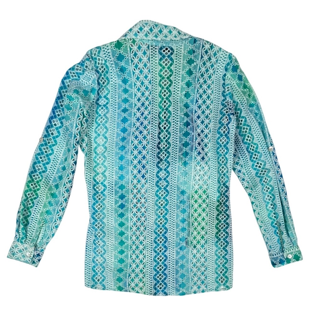 APNY Organic Cotton Eyelet Lace Button Down Shirt Blue Green XS Roll Tab Sleeve - Picture 2 of 6
